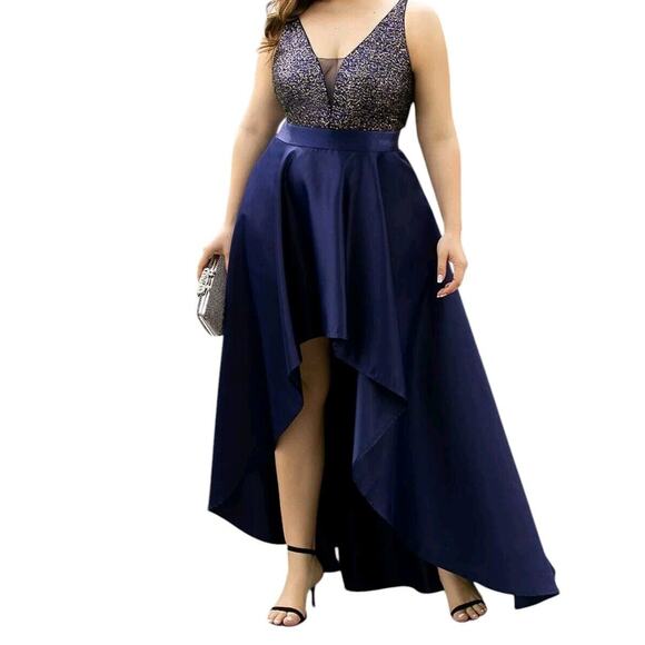 Elegant Formal Dress Sz 8 Navy Blue Gold Sequins Top Spaghetti Straps HI-LO Prom - Picture 10 of 16